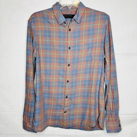 ALL SAINTS Men's Button-Down Matheson Shirt Sz S Muted Plaid Blue Pink Stretch - Picture 1 of 7